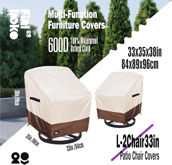 Outdoor Chair Covers 2 Pack, (33"W x 35"D x 38"H)100% Waterproof Heavy Duty Patio Furniture Covers ,Outdoor Furniture Covers Waterproof for Patio Chair Covers,Beige&brown