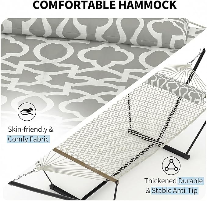 2 Person Portable Double Hammock with Stand, Outdoor Quilted Polyester Padded Hammock with Pillow, Adjustable Steel Hammock Stand for Patio, Garden, Beach, Backyard, Camping