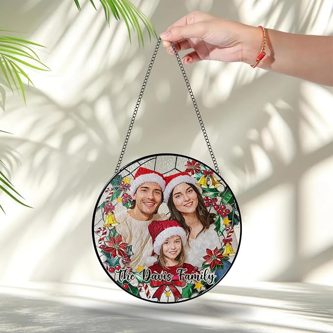 Personalized Stained Glass Christmas Suncatcher – Custom Family Photo Window Decor – First from Mom and Dad – Festive Holiday Ornament Keepsake