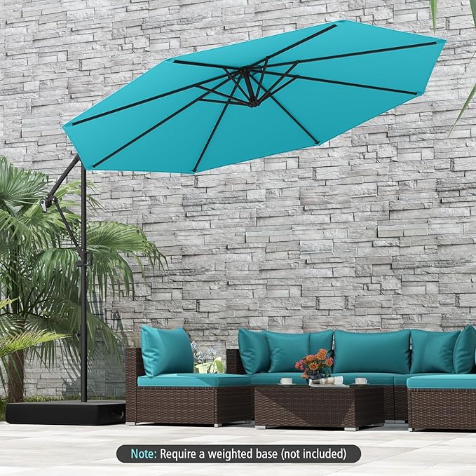 Tangkula 10 FT Patio Offset Umbrella, Hanging Cantilever Umbrella w/X-shaped Base & 360° Rotation, Smooth Crank Handle, Vented Top, Outdoor Market Umbrella for Backyard, Deck (Turquoise)