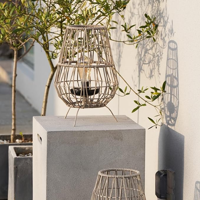 Solar Yard Decorative Solar Outdoor Tabletop Lights - 2 Pack, 15-inch Patio, Porch, and Garden Decor with LED Edison Bulbs in Water Resistant Resin & Polyester Cord Woven Design - Taupe Brown