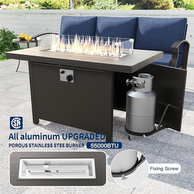 Kullavik Aluminum Patio Furniture Set with Propane Fire Pit Table,7-seat Metal Outdoor Furniture w/Swivel Chairs, Patio Sectional Sofas w/2 Ottomans for Porch,Backyard,Poolside-Navy Blue