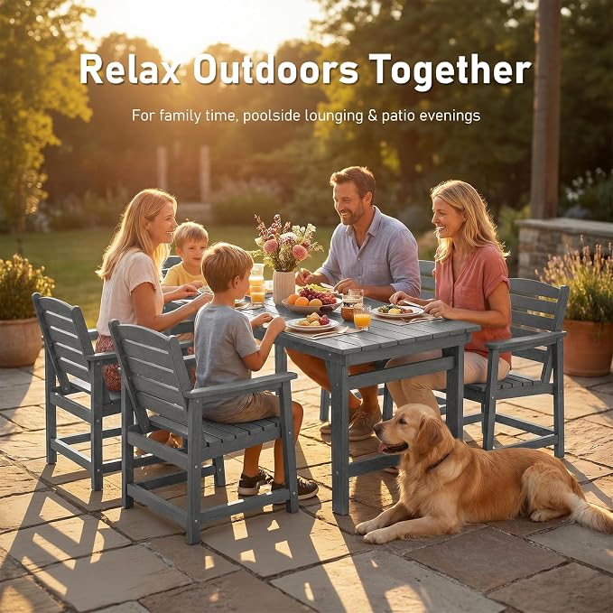 Furnimart 5-Piece Outdoor Dining Set, 67" HDPE Dining Table and Chairs for 4, All-Weather Patio Dining Set with Umbrella Hole, Outdoor Furniture Set for Backyard, Garden, Lawn & Poolside, Grey
