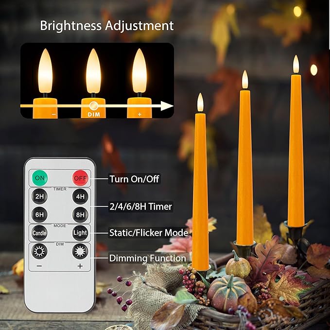 Orange Flameless Taper Candles, 9.6" Halloween Battery Operated Candles with Remote, Real Wax Fall Led Candle, Flickering Flameless Candlesticks for Fall, Thanksgiving, Harvest, Halloween Decor, 3 Pcs