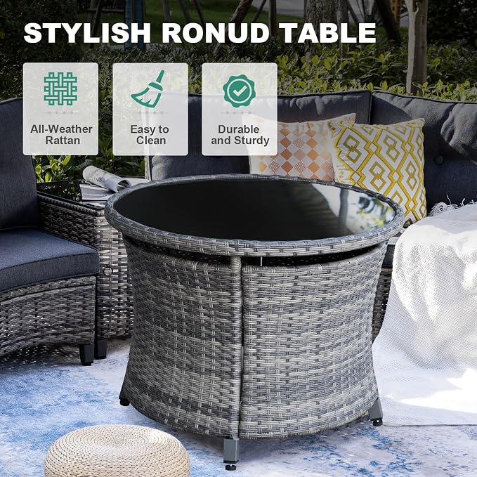 MEISSALIVVE 9-Piece Half-Moon Curved Outdoor Patio Furniture Set, Sectional Conversation Sofa with 2 Swivel Glider Chairs, Round Coffee Table for Backyard Deck Garden, Grey