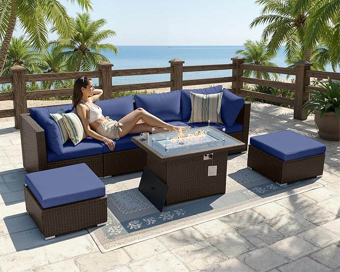 BULEXYARD 7 Pcs High Back Patio Furniture Set with Fire Pit Table Propane/Natural Gas Dual Fuel, Durable Outdoor Sectional Couch, Cozy Backyard Seating for Exterior, Brown Wicker & Navy Blue Cushion