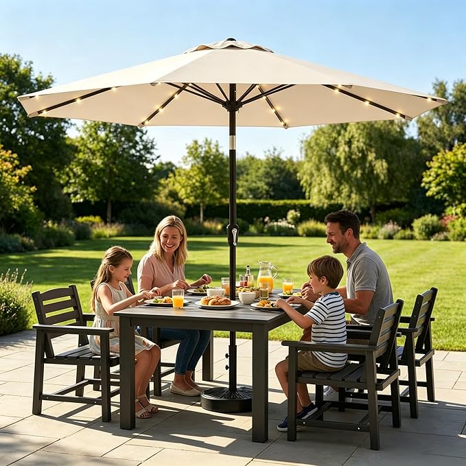 11FT Solar Lighted Patio Umbrella, Outdoor Table Market Umbrellas with Crank Lift, 32 LED Lights, 8 Sturdy Ribs, UV-Resistant for Deck, Garden, Pool