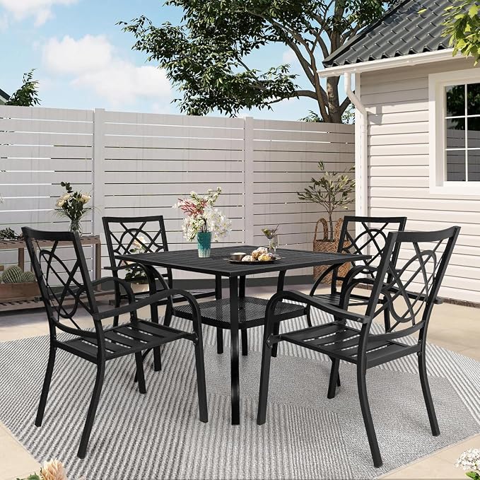 Crownland 5 Piece Patio Dining Set, 4 Stackable Metal Chairs and Square Outdoor Dining Table with 1.57 inch Umbrella Hole (Metal Tabletop), Black
