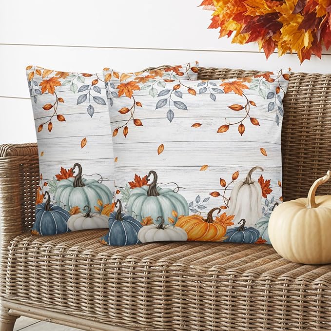 Fall Waterproof Outdoor Pillow Covers 18''x18'' Set of 2, Thanksgiving Maple Leaf Branch Vintage Wooden Patio Cushion Covers for Chairs,Decorative Blue Green Pumpkin Pillow Cases for Garden/Pool/Beach