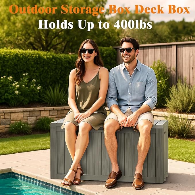 Outdoor Storage Box, 75 Gallon Waterproof Deck Boxes, Resin, Lockable Pool Deck Box for Garden Tools, Patio,Pool Accessories, Cushions, Large Delivery Boxes with Handle，Weatherproof & UV-Resistant