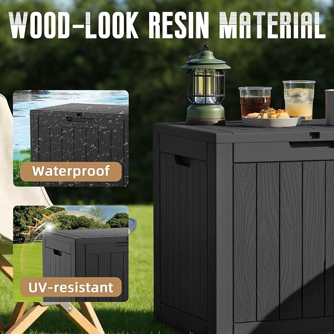 DRATO 35 Gallon Outdoor Storage Box Waterproof, Resin Small Deck Box for Patio Furniture Bench, Pool Garden Tools, Weatherproof Outside Storage Bin for Backyard Porch (Black, 35 Gallon)