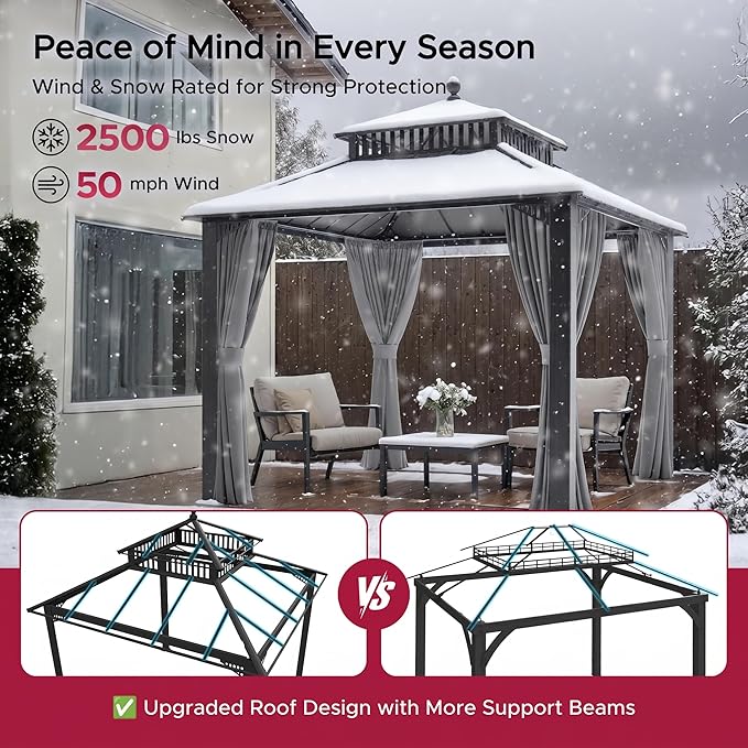 SUNJOY Kingston 10' x 10' Hardtop Gazebo with Galvanized Steel Double Roof, Curtain and Netting, Gray Aluminum Posts Permanent Pavilion Gazebo for Garden, Patio, Deck, Lawn