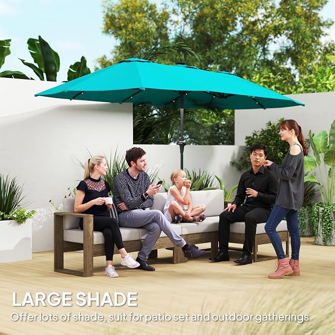 Outsunny 13ft Large Patio Umbrella with Solar Lights, Rectangular Double-Sided Outdoor Market Umbrella with Crank Handle and 48 LED Bulbs for Garden, Pool and Backyard, UPF 30+