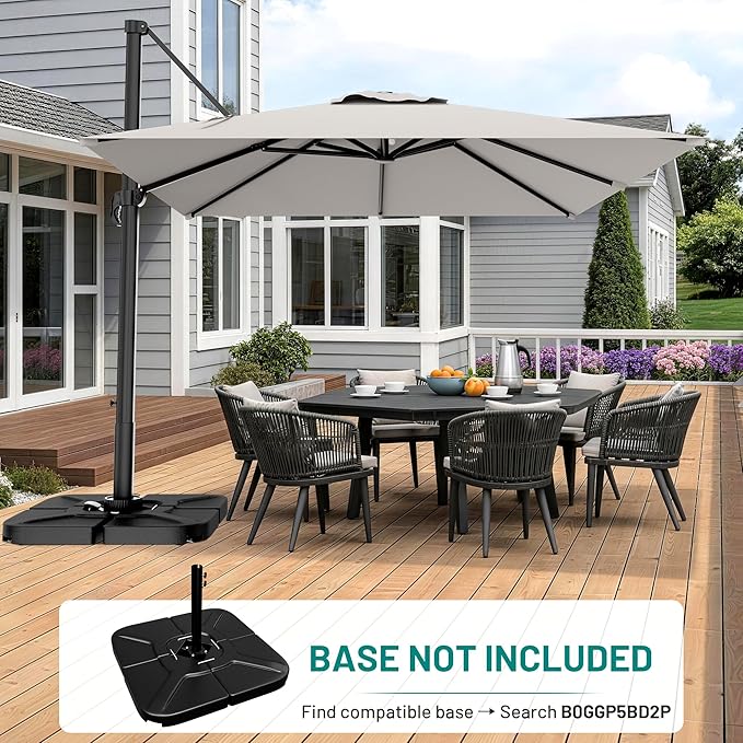 AreShark 10 X 10 FT Cantilever Patio Umbrella, 360-Degree Rotation Square Hanging Offset Umbrella with Crank, Heavy Duty Patio Umbrella for Patio, Pool, Garden, Deck, Light Grey