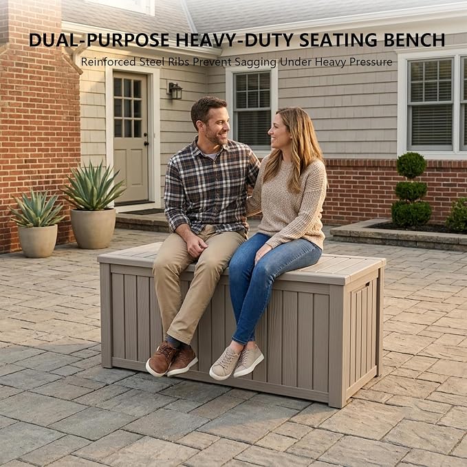 Outdoor Storage Box, 180 Gallon Waterproof Deck Box [Upgraded 3.0], Piston-Lift Tall Standing Cabinet for Oversized Cushions, Lockable Deep Tool Organizer Storage Bench, Large Lawn, Grey