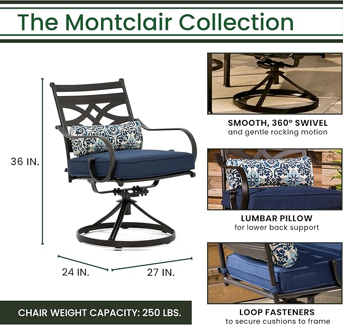 Hanover Montclair 3-Piece Patio Conversation Set, 2 Swivel Rocker Chairs with Comfortable Seat and Lumbar Cushions, 27" Square Stamped Rectangle Table, All-Weather Outdoor Bistro Set