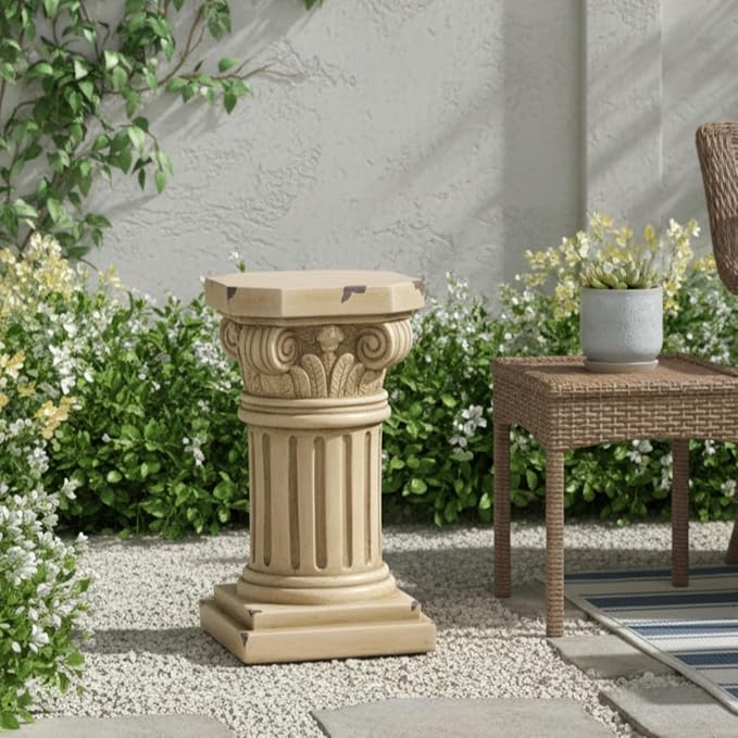 Merax 18.50" H Ionic Pedestal Plant Stand, MGO Decorative Pedestal Side Table for Indoor Outdoor Entryway Garden Home, Antique Yellow, No Assembly Needed