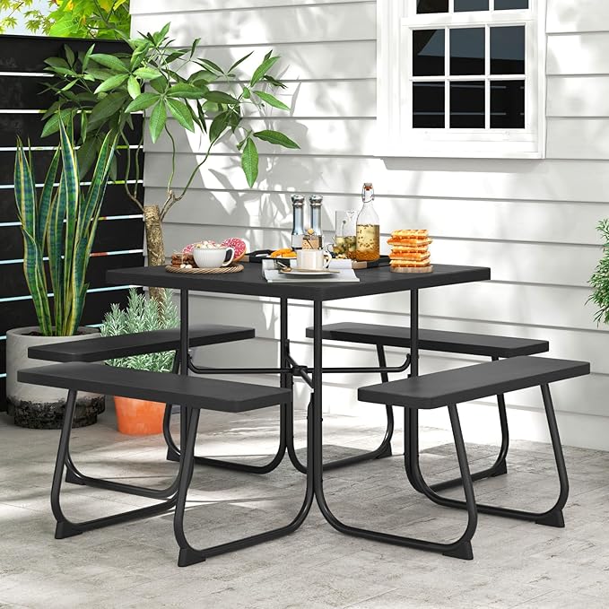 Square Picnic Table for 8 Person, Outside Table Bench Set w/ 4 Built-in Benches, Umbrella Hole, HDPE Top & Metal Frame, 2000LBS Capacity Outdoor Picnic Table for Garden, Porch, Patio (Black)