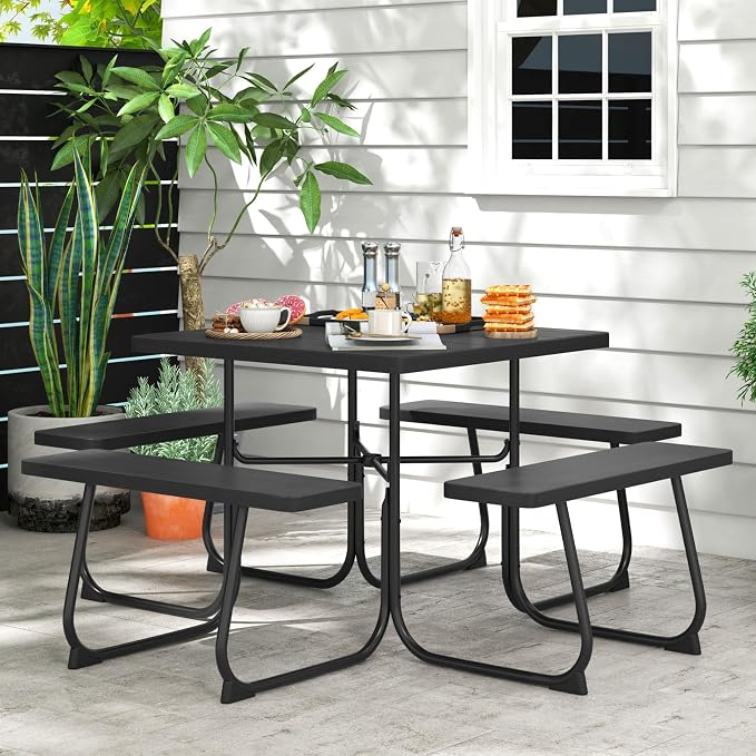 HAPPYGRILL 4-8 Person Square Picnic Table Bench Set with Umbrella Hole, Outdoor Camping Table with HDPE Material and Sturdy Metal Frame for Patio, Garden and Backyard, Black
