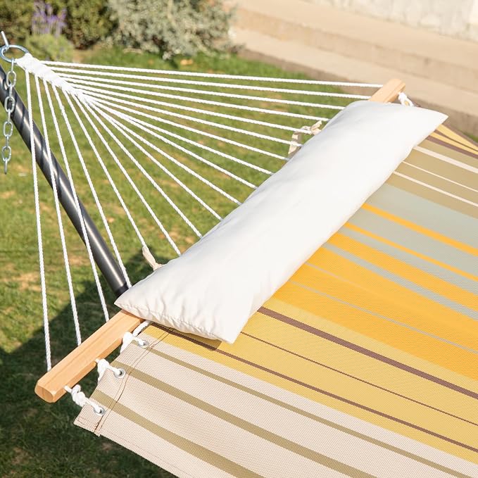 GAFETE Waterproof Double Hammock with Stand for Outside Heavy Duty, 2 Person 55'' Extra Large Quick Dry Textilene Hammocks with Hardwood Spreader Bar, Pillow, Side Pocket, 475lbs Capacity (Coffee)