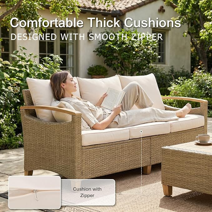 SUNSITT 6 Pieces Outdoor Furniture Set, Patio Wicker Conversation Sets with Swivel Chairs, Outdoor Sofa Set with 2 Ottomans, Beige Cushion