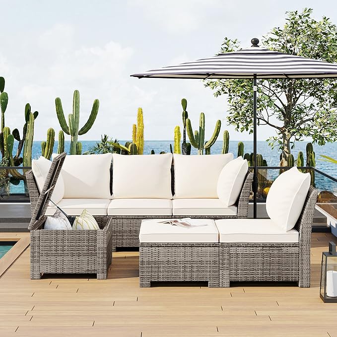 LUMISOL Outdoor Patio Furniture Set, 6 Pieces Sectional Rattan Sofa Set, PE Rattan Wicker Patio Conversation Set with Table and 0ttoman for Lawn, Garden, Backyard (Beige)