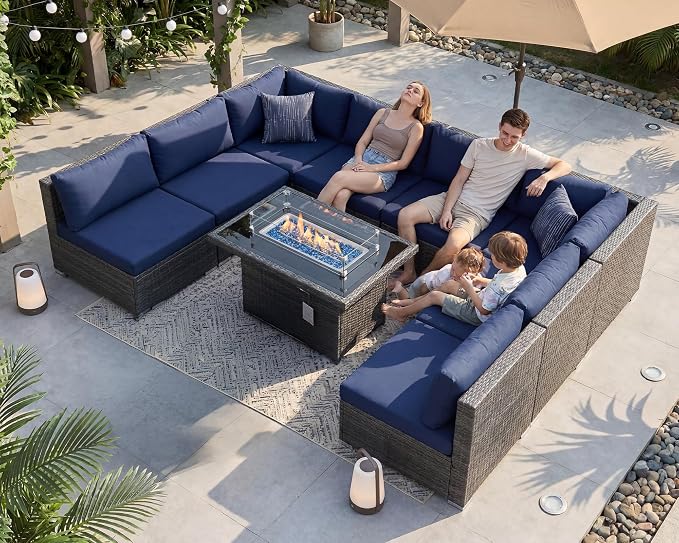 BULEXYARD 9 Pieces Highback Wicker Patio Furniture Set with Firepit, High Weight Capacity Outdoor Sectional Couch Sofa 8-Seater Modular, Plus Comfortable Wide Deep Deck Seating Group, Grey & Navy Blue