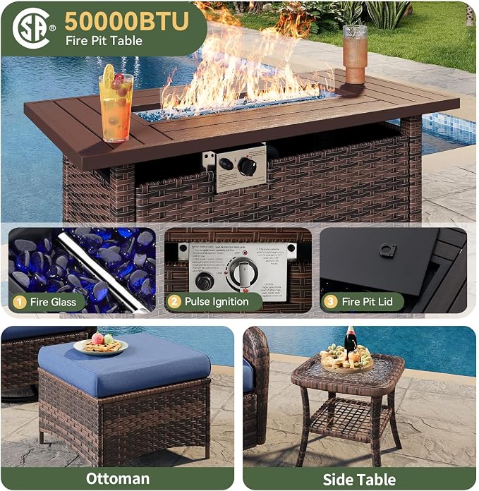 Aoxun 10-Piece Patio Furniture Set with 44” Fire Pit Table, Wicker Rattan Outdoor Sectional Sofa with High Back Swivel Rocker Chairs, Outdoor Patio Furniture Set with Thick Cushions & Ottoman, Blue