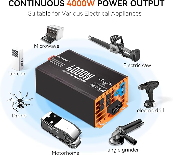 4000W Pure Sine Wave Inverter,12V DC to 120V AC Car Power Inverter 8000W Peak with 4 AC Outlets, 3.0A USB and Type-C, LCD Display 16.5 ft Remote Control for RV Truck Travel Solar Emergency