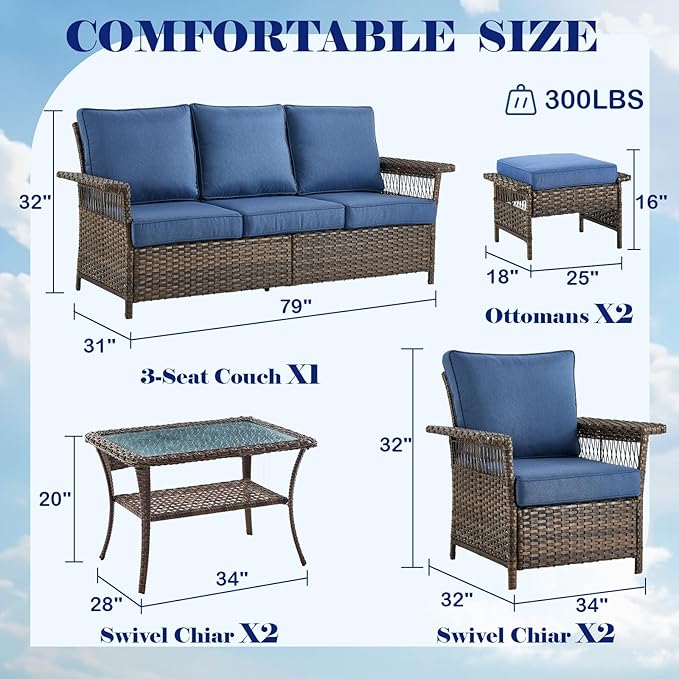 Outdoor Wicker Patio Furniture Set - 6 Piece Rattan Patio Conversation Sets with 2 Armrest Chairs,2 Ottomans,1 Sofa and 1 Coffee Table for Porch Deck Sunroom(Brown/Blue)