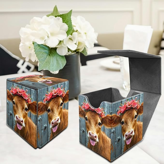 Pink Flower Cow Card Deck Box for MTG, Personalized Card Storage Case Fits 120+ Sleeved Cards, Premium Leather TCG Box with Strong Magnetic Closure for Magic, CCG, PTCG, Baseball Cards