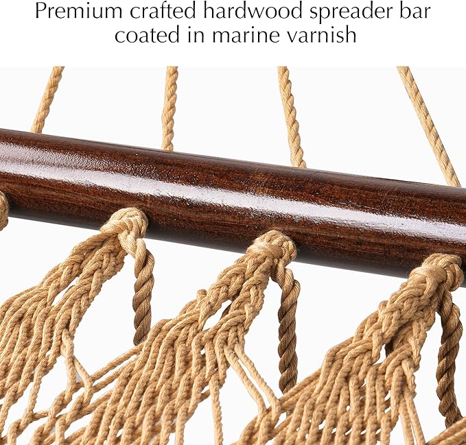 PNAEUT 2 Person Rope Hammocks for Outside, Handwoven Double Caribbean Hammock with Spreader Bar for Outdoor Indoor, Max 600 lbs Capacity (Tan)