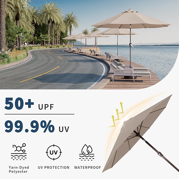 10FT Patio Umbrella Outdoor Market Umbrella with Crank and Tilt, 8 Flexible Fiberglass Ribs, UV-Resistant Waterproof Canopy for Patio, Deck, Garden, Backyard, Beige