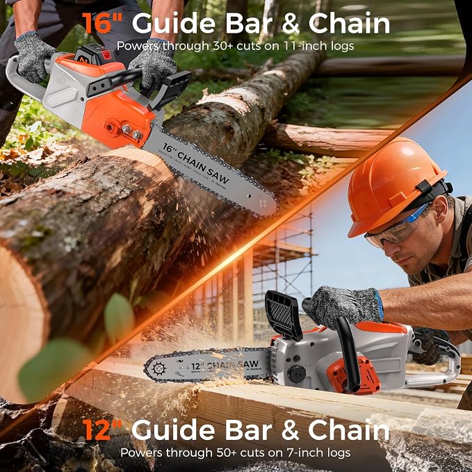 Battery Powered Chainsaw,12" & 16" Dual Guide Plate.21V Electric Cordless Chainsaw with 2 Batteries and Charger.Brushless Chain Saw Kit with Safety Goggles and Gloves for Tree Pruning and Wood Cutting