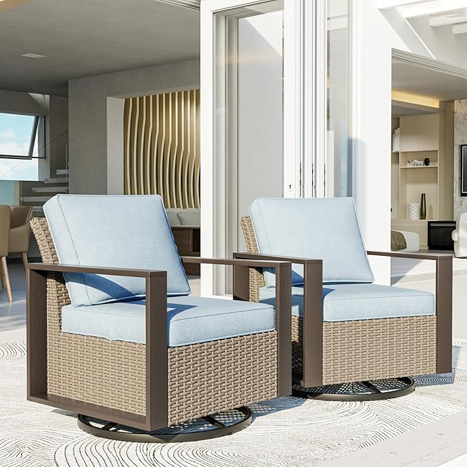 Patio Chairs Set of 2, Outdoor Swivel Rocker Patio Chairs, Metal Patio Furniture with Deep Seating, Thicken Cushions for Deck, Porch, Yard Use (Azure, 2 PCS/Swivel)