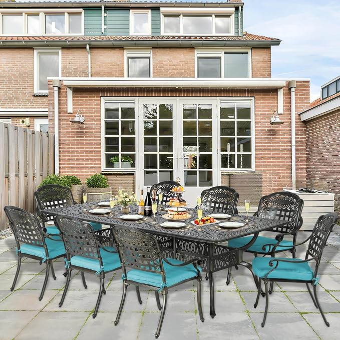 9-Piece Patio Cast Aluminum Dining Set, Outdoor Table and Chairs Set for 8, Includes 94.5" Rectangular Dining Table and 8 Cushioned Chairs with Umbrella Hole for Lawn Garden, Ocean Blue