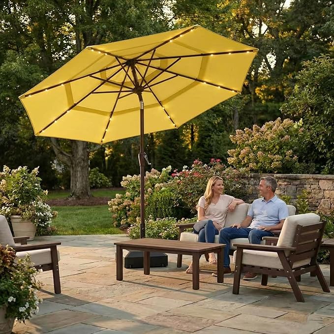 Kingdura 10ft 3-Tier Patio Umbrella with Solar Lights, Table Umbrella Outdoor Patio with Easy Crank & Tilt, 8 Sturdy Ribs, UV Protection, 32 LED Lights for Deck, Poolside, Market (Yellow)