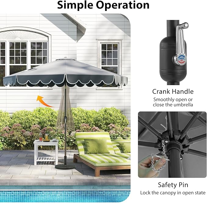 HAPPYGRILL 10 FT Patio Umbrella, Market Table Umbrella w/Crank, Push Button Tilt, Ruffled Edges, Vented Top & 8 Ribs, Outdoor Sun Shade for Poolside Backyard Beach