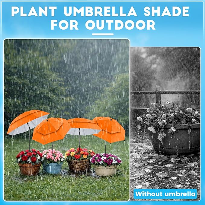 4 Pack 24.9" Double Canopy 47.2" Height Plant Umbrellas for Outdoor Plants, 3D Stakes 360° Adjustable Plant Shades for Outdoor Plants, Garden