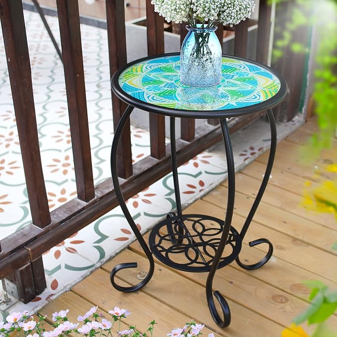 HONGLAND Mosaic Outdoor Side Table, 14" Round Patio Side Table, Mosaic Plant Stand, End Table W/Storage Shelf, Small Bistro Coffee Table for Garden Yard Porch Living Room(Green)