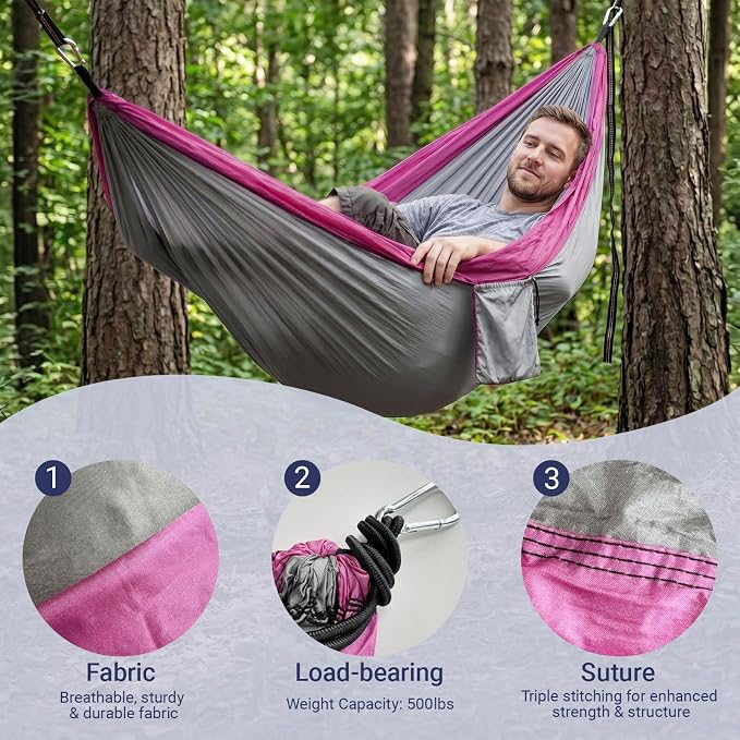 Camping Hammocks, Portable Lightweight Parachute with Tree Straps, Single or Double Hammock Without Stand, Nylon Camping Gear for Outdoor Beach Backpacking Hiking, Camping Essentials(Pink & Gray)