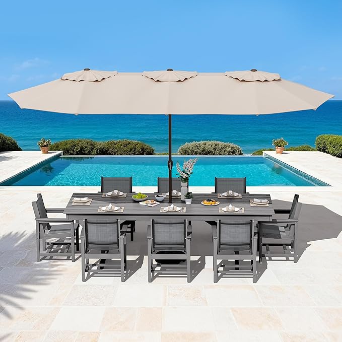 SERWALL 9 Piece Outdoor Dining Set, 84" HDPE Outdoor Large Table and Textilene Chairs for 8，All Weather Patio Dining Furniture Set with Umbrella Hole for Backyard, Garden, Gray
