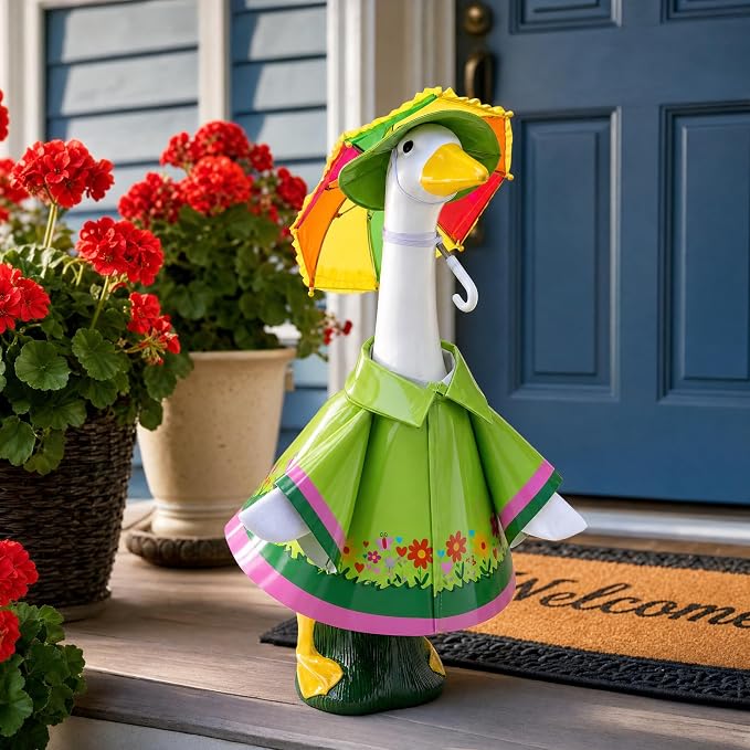 DECOHS 3 Pcs/Set Raincoat Porch Goose Outfits, Summer Lawn Goose Statue Costume with Rainbow Umbrella and Hat, Yard Geese Clothes for 23" Statue Patio Garden Decoration (Fresh Green)