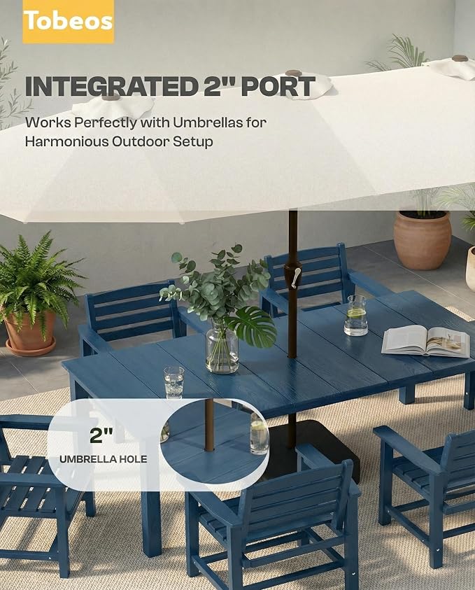 5-Piece Outdoor Dining Set with Aluminum Frame for 4,Navy Blue | HDPE material, 2" umbrella hole, patio table and chairs, ideal for yard, lawn, garden, balcony, deck, poolside