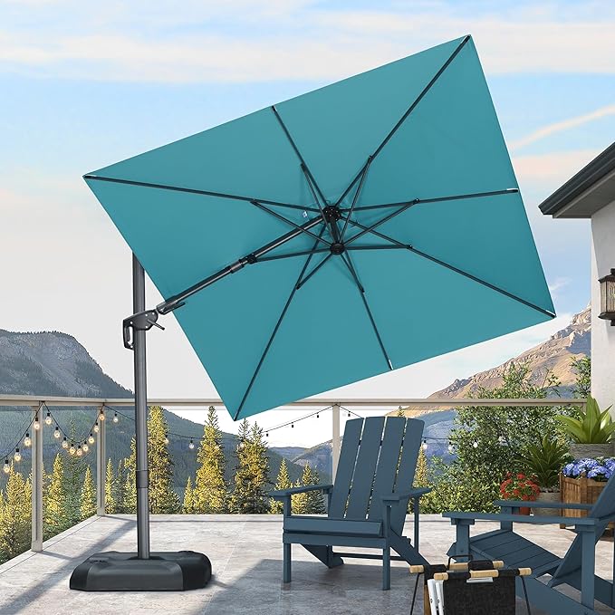 PURPLE LEAF 8' X 8' Tilting Patio Umbrella with Base Outdoor Cantilever Swivel Square Umbrella with Tilt Aluminum Offset Umbrella with 360-degree Rotation for Garden Deck Pool Patio Turquoise Blue