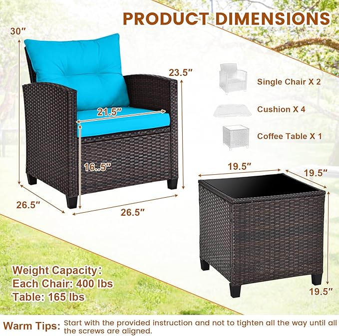3-Pieces Patio Furniture Set, PE Wicker Chairs Sofa Set with Removable Cushions & Glass Top Side Table, Outdoor Wicker Rattan Conversation Chair for Porch,Backyard, Balcony (Turquoise)