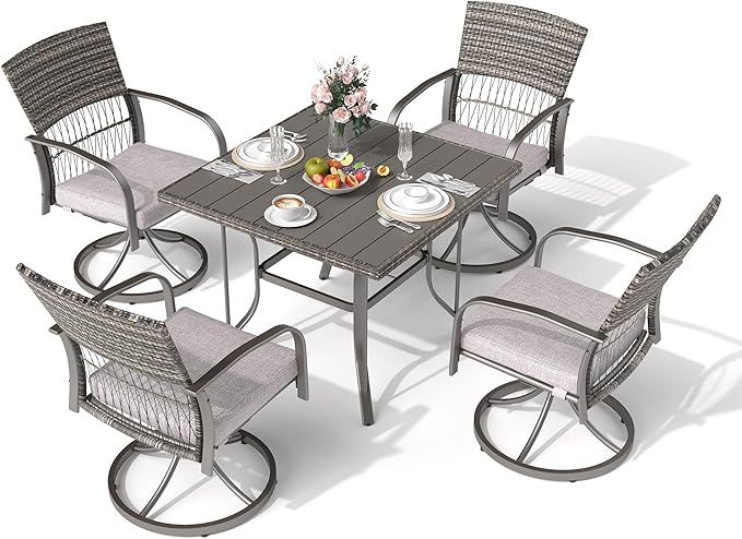 Pamapic 5-Piece Outdoor Dining Set with Swivel Chairs, Rattan Patio Furniture for Backyard, Deck, Garden, Weather-Resistant Iron Slats Table & 4 Chairs with Removable Cushions (Grey)
