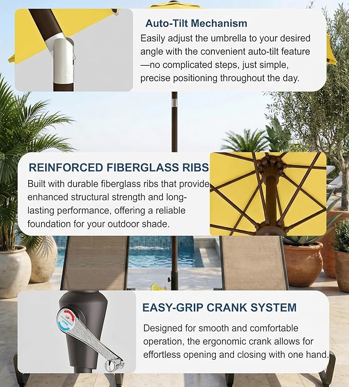 PatioKingdom Auto-Tilt 9FT Patio Umbrella Outdoor with 8 Sturdy Fiberglass Ribs,Market Table Umbrella for Pool,Backyard,Deck and Garden