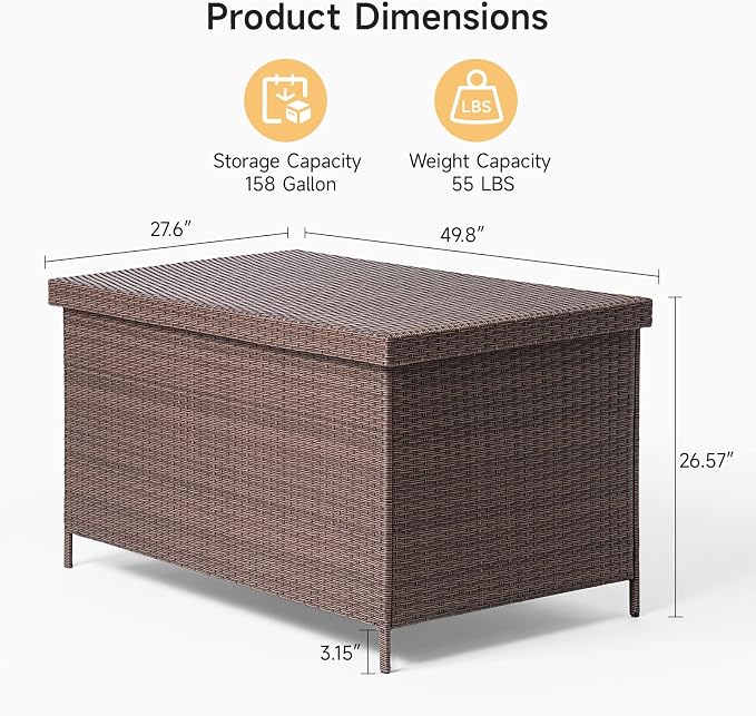 ONBRILL 158 Gallon XL Deck Box with Lid, All Weather Wicker Outdoor Storage Box Waterproof, Large Outdoor Patio Storage Bin for Cushions, Garden Tools, Gears, Brown