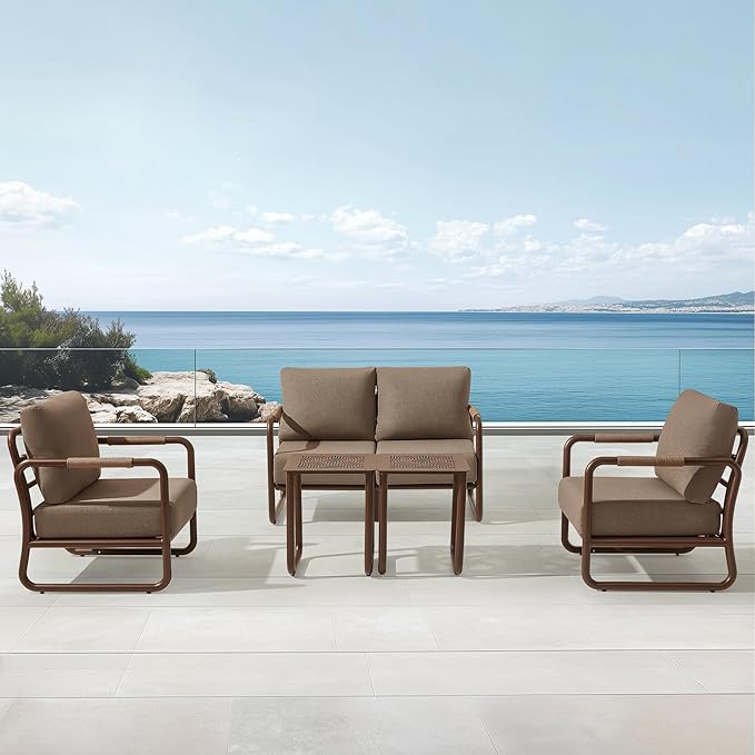 MBY Outdoor Aluminum Patio Furniture Set, 4-Seats Patio Conversation Sofa Set with 2 Coffee Table and Thickened Cushions, All Weather for Pool, Garden-Brown